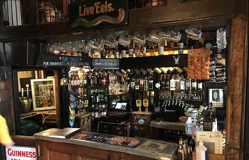 The bar with wines, spirits and real ale pumps.